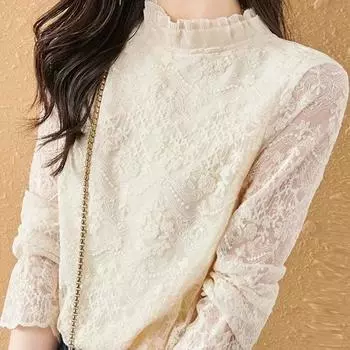 Высококачественная кружевная базовая рубашка для женщин на весну и осень. Универсальный тонкий топ на осень. S абрикосовый