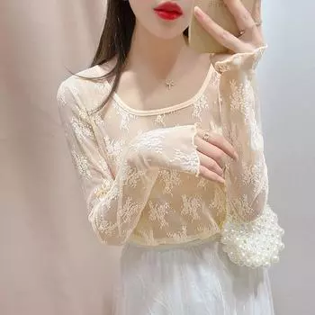 Высококачественная кружевная рубашка на основе, женская, с длинными рукавами, сетчатый топ, сексуальная рубашка-пуловер S