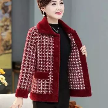 Высококачественная куртка из искусственной норки для мам среднего возраста, осень-зима, толстый короткий шерстяной кардиган, женский вязаный свитер, кашемировое пальто 5XL
