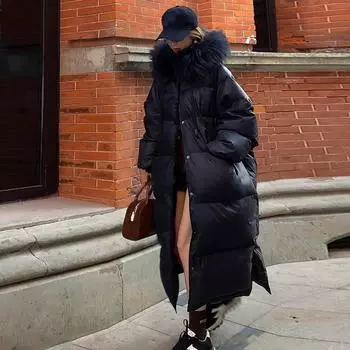 Высококачественная куртка-пуховик с большим меховым воротником из енота, женская, длинная, зимняя, 2024, модная, выше колена, большая версия, свободная, мясная куртка One size