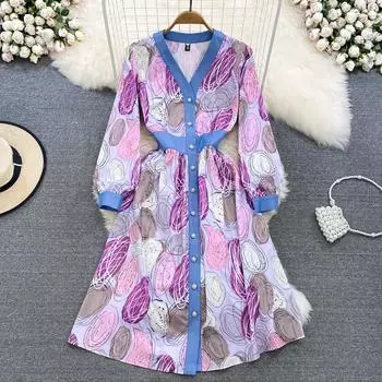 Высококачественная легкая роскошная джинсовая ткань с v-образным вырезом и талией, тонкое однобортное платье трапециевидной формы с принтом M розовый