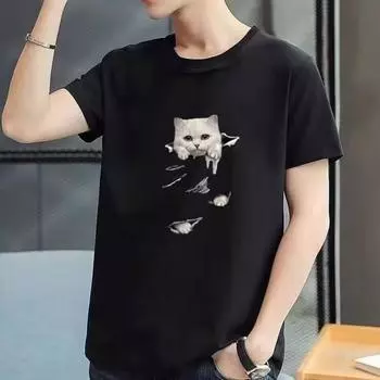 Высококачественная летняя новая мужская футболка с короткими рукавами, свободная боди, футболка с принтом котенка и короткими рукавами M чёрный
