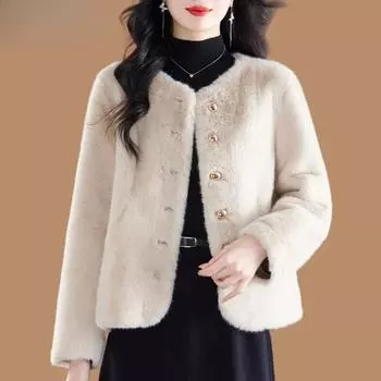 Высококачественная меховая цельная теплая шуба из искусственного норкового флиса осенне-зимнее утолщенное короткое пальто для женщин XXXL бежевый