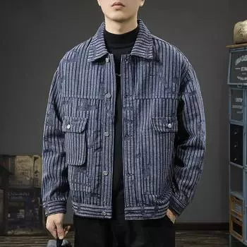 Высококачественная модная брендовая жаккардовая полосатая джинсовая куртка мужская свободная большого размера ретро стираная джинсовая куртка для наружного применения M синий