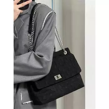 Высококачественная модная сумка двойного назначения с цепочкой в клетку на одно плечо, женская повседневная сумка-перекидная большого объема чёрный