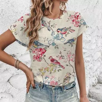 Высококачественная модная трендовая футболка с круглым вырезом, летняя свободная повседневная женская футболка, элегантная винтажная футболка с принтом цветов и птиц XXS