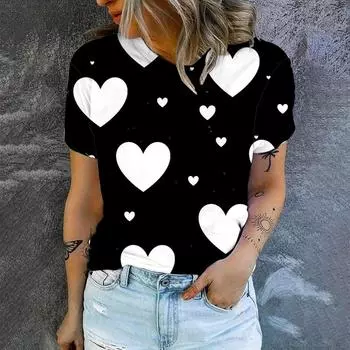 Высококачественная модная трендовая свободная футболка с круглым вырезом и коротким рукавом, новая летняя футболка с сердечным принтом, элегантная повседневная удобная женская футболка S