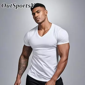 Высококачественная мужская белая черная быстросохнущая летняя одежда с V-образным вырезом и коротким рукавом, высокоэластичные футболки, пуловеры, толстовки, топы для мужчин S чёрный