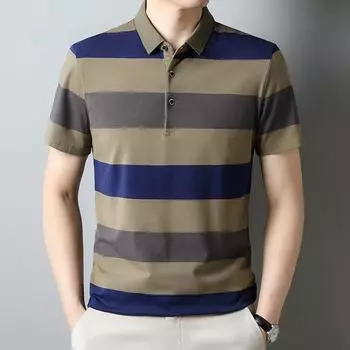 Высококачественная мужская полосатая футболка с коротким рукавом, тонкий хлопковый дизайн, деловой отложной воротник, мужская футболка поло, XXXXL