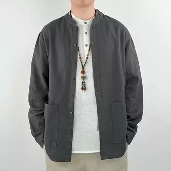 Высококачественная мужская рубашка из хлопка и льна с длинными рукавами, повседневная куртка из рами с воротником-стойкой XXXL