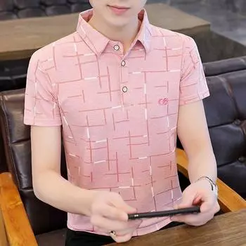 Высококачественная мужская рубашка-поло с коротким рукавом, разноцветная, летняя, с воротником-лацканами, дышащая M синий