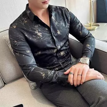 Высококачественная мужская рубашка с принтом, модная облегающая рубашка с длинным рукавом, элегантная повседневная рубашка, мужские топы с отложным воротником, шикарная одежда 2XL чёрный