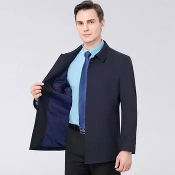 Высококачественная мужская ветровка средней длины из шелка тутового дерева, повседневная куртка с верхними лацканами для пап среднего возраста на весну и осень 170