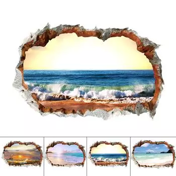 Высококачественная наклейка с 3D-отверстиями на океанском пляже — обновите свое жилое пространство!