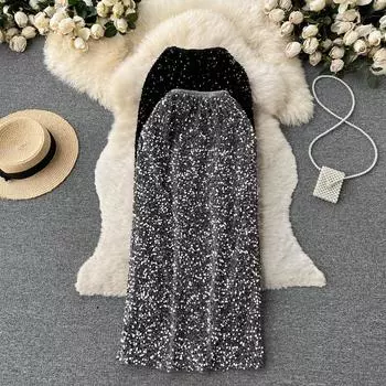 Высококачественная нишевая юбка с высокой талией и блестками, женская осенняя сумка средней длины во французском стиле ретро, платье на бедрах One Size чёрный