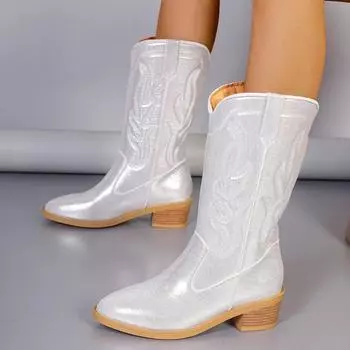 Высококачественная обувь, ковбойские сапоги в западном стиле, модные женские сапоги до середины икры, блестящие, блестящие, трендовые туфли на высоком каблуке, Botas Mujer 2024 36 серебряный