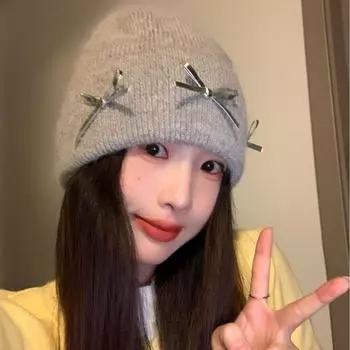 Высококачественная осенне-зимняя новая шапка из кроличьей шерсти, шерстяная шапка с бантом, мягкая шапка-обертка, универсальная вязаная шапка для женщин one size белый