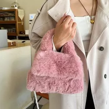 Высококачественная плюшевая сумка, женская модная, простая и универсальная, сумка через плечо с жемчужной цепочкой, переносная сумка-мессенджер One Size розовый