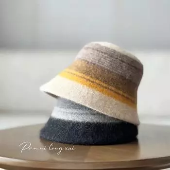 Высококачественная полосатая шляпа-ведро из чистой шерсти для женщин, осенне-зимняя шерстяная шапка-купол с изображением маленького лица, зимняя теплая шапка-ведро average size (refer to head circumference 56-58cm) черный серый