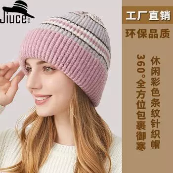 Высококачественная полосатая вязаная шапка в тон, женская осенне-зимняя, новая универсальная защитная шапка из шерсти, большая окружность головы, термошапка M56-58cm чёрный