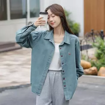 Высококачественная повседневная джинсовая рубашка для женщин, новое поступление 2024 года, весна, корейский стиль, вышивка, базовые женские топы с длинным рукавом M светло-синий