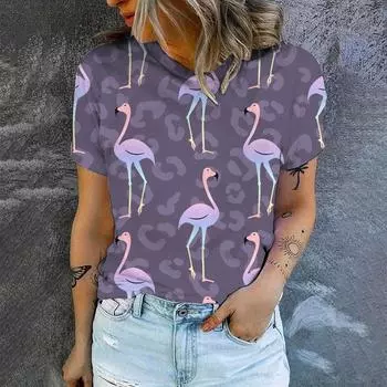 Высококачественная простая удобная футболка с круглым вырезом, летняя повседневная дышащая женская футболка, новая модная футболка с принтом фламинго S