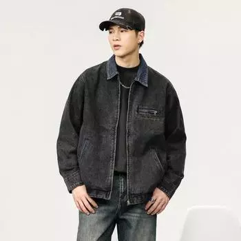 Высококачественная ретро-джинсовая куртка в тон цвета, мужская американская модная брендовая свободная куртка на молнии с толстыми молниями, износостойкая, с пятнами, весь заказ M