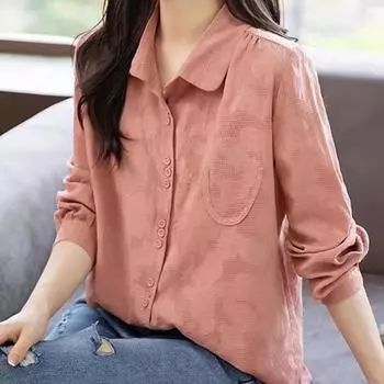 Высококачественная рубашка из хлопка и льна для женщин с длинными рукавами, стильная осенняя повседневная маленькая свободная рубашка из жаккарда для женщин на весну и осень S
