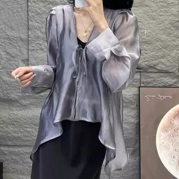 Высококачественная рубашка с длинными рукавами во французском стиле с завязками для женщин с чувством дизайна летом, нестандартный дышащий солнцезащитный топ S