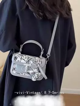 Высококачественная ручная маленькая квадратная сумка в западном стиле с принтом, женская сумка, модная сумка через плечо с одной лямкой и строчкой 20*8*13cm серый