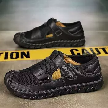 Высококачественная сетчатая обувь, мужская кожаная дышащая полая повседневная обувь, сандалии для отдыха на природе 38 чёрный