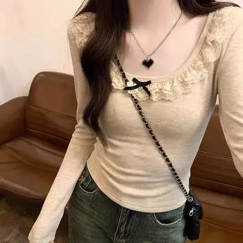 Высококачественная сексуальная футболка с U-образным вырезом и ключицами для женщин на весну и осень, кружевная лоскутная ткань pure desire, утягивающая талию, внутренняя одежда S