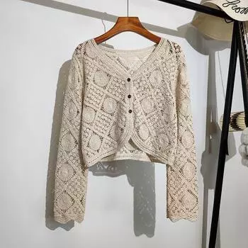 Высококачественная шаль-кардиган в западном стиле с кружевным верхом на крючках и петлях, а также полая трикотажная рубашка с кондиционером. One Size белый