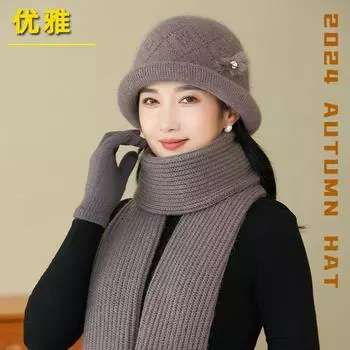 Высококачественная шапка-купол из кроличьей шерсти с грубыми краями для женщин среднего и пожилого возраста, зимняя теплая вязаная шапка, комплект для мамы и шарфа Single Hat