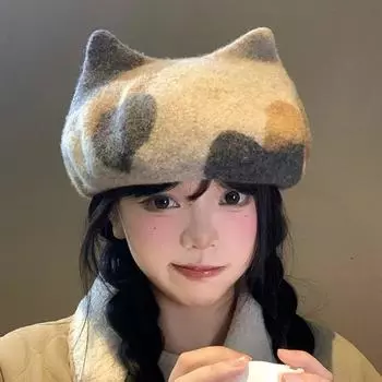 Высококачественная шерстяная шапка-берет с кошачьими ушками для женщин, маленькая осенне-зимняя повседневная универсальная милая шляпа художника Head circumference 54-59CM кофейный