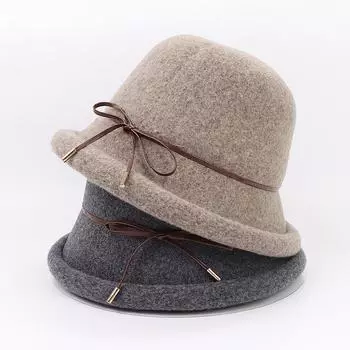 Высококачественная шерстяная шляпа-чаша, осенне-зимняя новая женская керлинговая шляпа с бантом, завязанная веревкой, рыбацкая шляпа, модная теплая шляпа на открытом воздухе, дизайнерская шляпа One Size серый