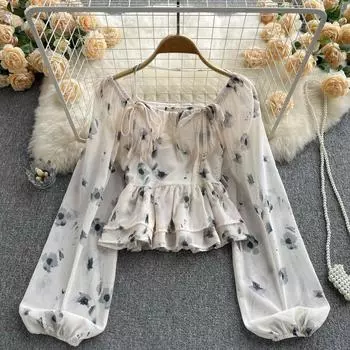 Высококачественная шикарная маленькая рубашка, французская рубашка с рукавами-фонариками, топ, летняя женская короткая рубашка на шнуровке с принтом