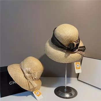 Высококачественная соломенная шляпа из лафита, французская элегантная модная шляпа с абажуром, женская летняя шляпа для отдыха на море, солнцезащитный козырек 56-58cm