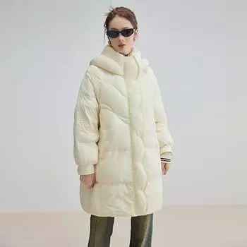Высококачественная средняя и длинная пуховая куртка женская 2024 зимняя новая утолщенная шапка-пуховик спасающее жизнь зимнее пальто прилив S слоновая кость
