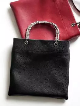 Высококачественная сумка из цельной кожи с серебристо-медным бамбуковым узлом, с первоклассным ощущением ручной работы, с накладной, через плечо и через плечо, маленькая сумка-тоут 23x3x23cm чёрный