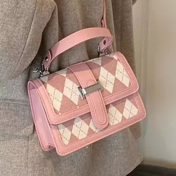 Высококачественная сумка-мессенджер с ромбами для женщин 2024 года, новая нишевая портативная сумка в клетку с ромбами, маленькая квадратная сумка через плечо в иностранном стиле для женщин розовый