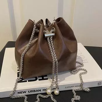Высококачественная сумка-ведро с цепочкой и поясом для подкачки, женская осенняя ретро-сумка на одно плечо, через плечо коричневый