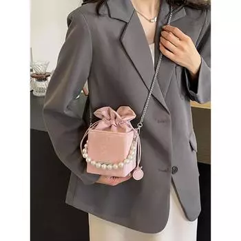 Высококачественная сумка-ведро Sense на шнурке для женщин, корейская мода, универсальные мини-сумки с жемчужной цепочкой, женская повседневная сумка из мягкой кожи