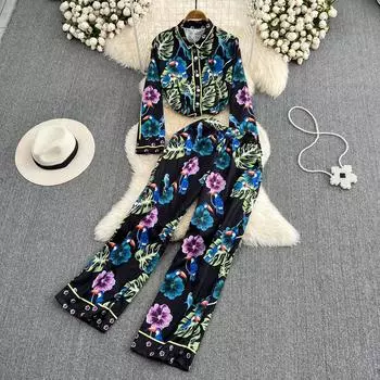 Высококачественная свободная однобортная рубашка с длинными рукавами и принтом, широкие брюки с высокой талией, комплект из двух предметов