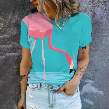 Высококачественная свободная удобная футболка с круглым вырезом, летний принт фламинго, повседневная футболка с короткими рукавами, новая модная тенденция, женская футболка S