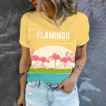 Высококачественная свободная удобная футболка с круглым вырезом, летний принт фламинго, повседневная футболка с короткими рукавами, новая модная тенденция, женская футболка S