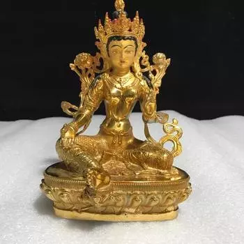 Высококачественная тибетская непальская буддийская позолоченная зеленая статуя Будды Тары Гуаньинь эффективно защищает большие украшения
