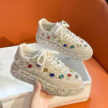 Высококачественная толстая подошва, модная, возвышающаяся, со стразами, удобная, нескользящая, дышащая, повседневная, спортивная, женская обувь 35 бежевый