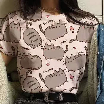 Высококачественная уличная модная женская свободная и удобная футболка с коротким рукавом и кошачьим принтом, новая летняя повседневная футболка с круглым вырезом 2024 года S