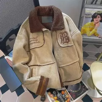 Высококачественная унисекс-куртка в американском ретро-стиле из замши с меховой и шерстяной подкладкой для осени/зимы XL хаки